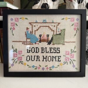Vintage God Bless Our Home  Sampler Hand Embroidered Cross Stitch Framed Cottage
